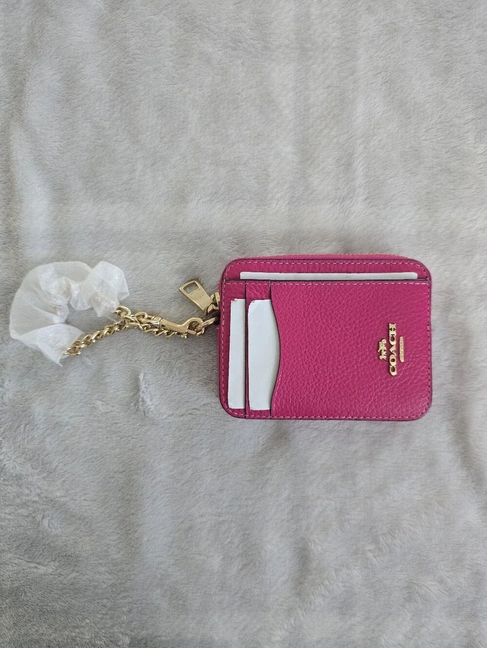 COACH Bold Pink Leather Card Case with Gold Chain